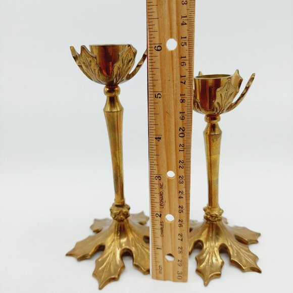 Brass Candlesticks Leaf Base 5.5" & 6 in Set Of 2 Two Sizes - Picture 6 of 8